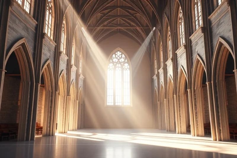 Representación abstracta de luz divina envolviendo una silueta de casa moderna, con rayos de luz que simbolizan protección y gracia espiritual.