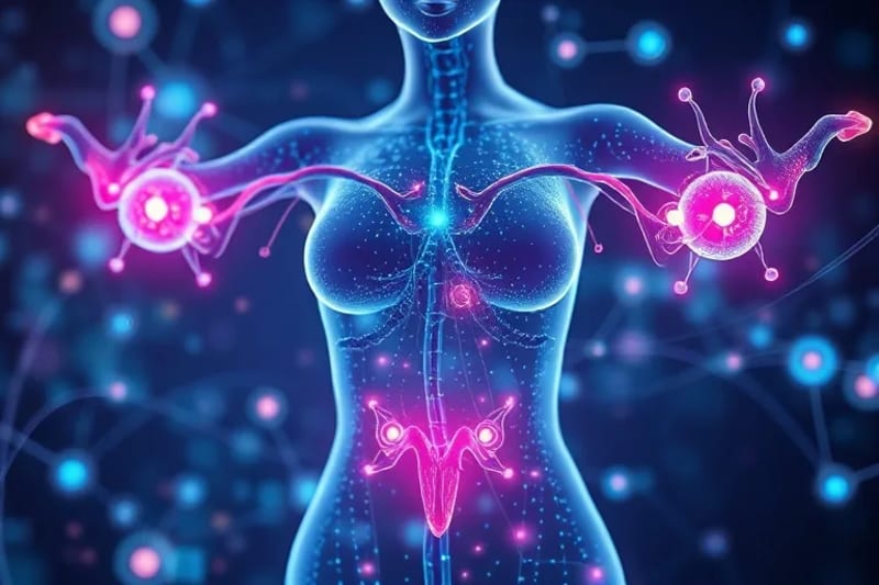 Representación futurista del sistema endocrino femenino con datos y símbolos científicos