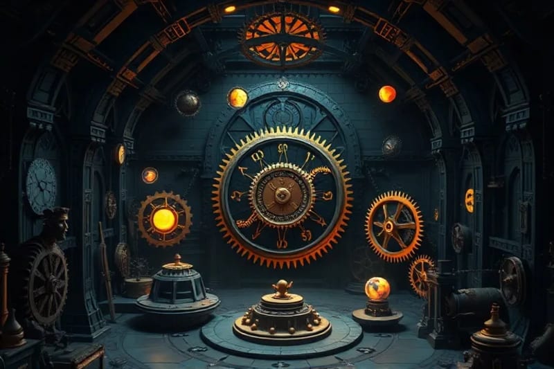 Intricate gears and celestial bodies, cosmic mechanics influencing economic systems
