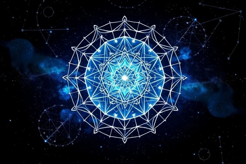 Ilustración vectorial de una silueta de cabeza humana con intrincados gráficos astrológicos y una red neuronal superpuesta, conectando estrellas y datos.
