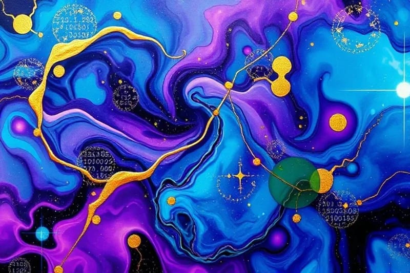 Pintura digital abstracta de nebulosas y cuerpos planetarios con efectos de glitch art y superposiciones de código binario.