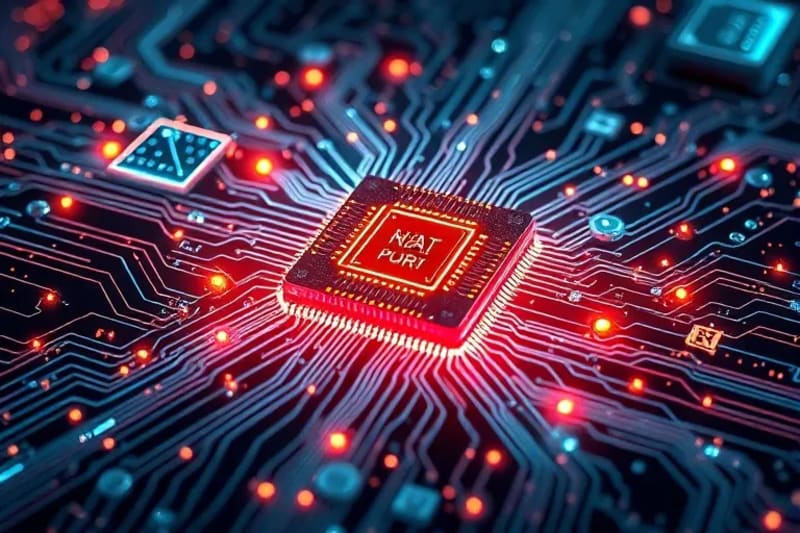 Un chip cuántico brillante rodeado de elementos simbólicos de infraestructura crítica, como redes eléctricas y símbolos financieros, protegidos por un escudo algorítmico.