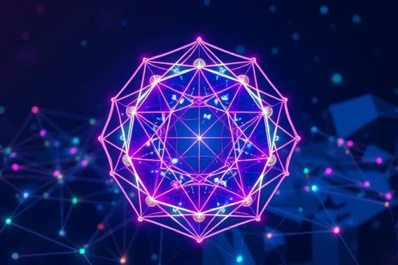 Representación abstracta de flujo de datos y conciencia en un reino virtual, con redes geométricas interconectadas y sólidos platónicos brillantes en tonos azules y púrpuras.