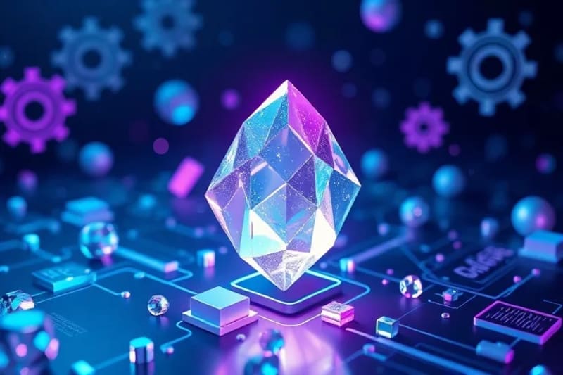 Render 3D de una estructura cristalina brillante que representa una blockchain, con engranajes y símbolos abstractos de votación y encriptación flotando alrededor.