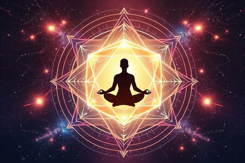 Silueta humana meditando dentro de un octaedro transparente y luminoso, rodeado de patrones geométricos concéntricos que irradian armonía y conexión cósmica.