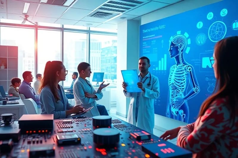 Médico y paciente interactuando con una proyección holográfica de datos de salud, en un entorno clínico moderno y colaborativo.