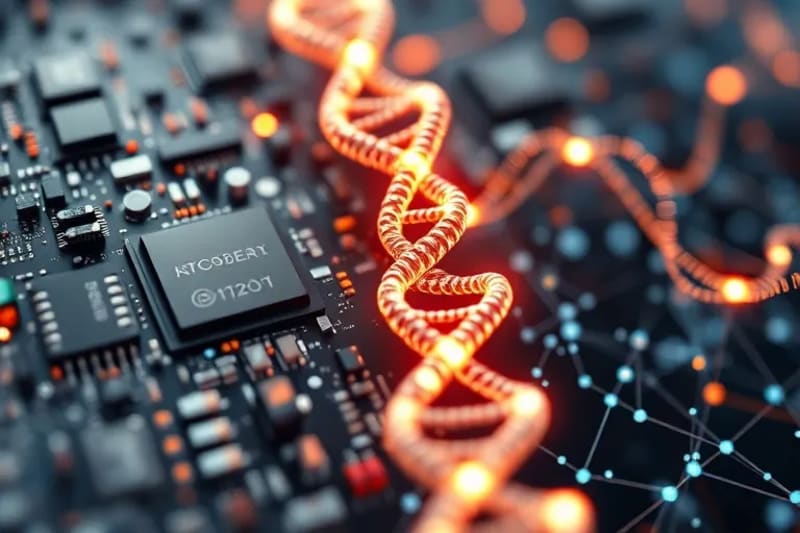 Representación abstracta de la medicina personalizada con ADN entrelazado, moléculas y flujo de datos digitales, en un entorno de alta tecnología.