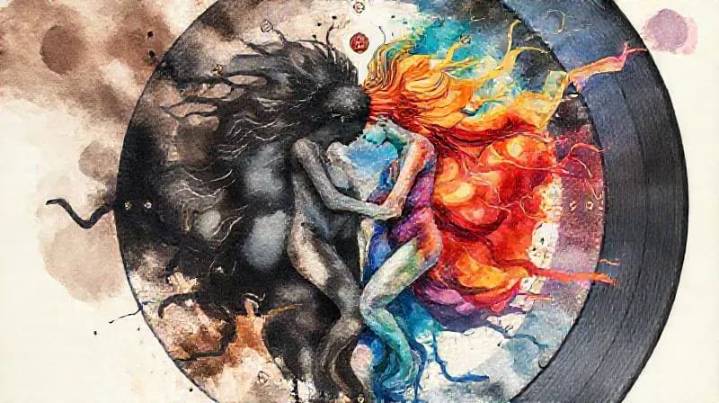 Pintura abstracta de figuras humanas entrelazadas con líneas fluidas, simbolizando el karma y los talentos.