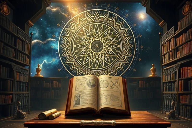Antigua biblioteca con libros de astrología abiertos
