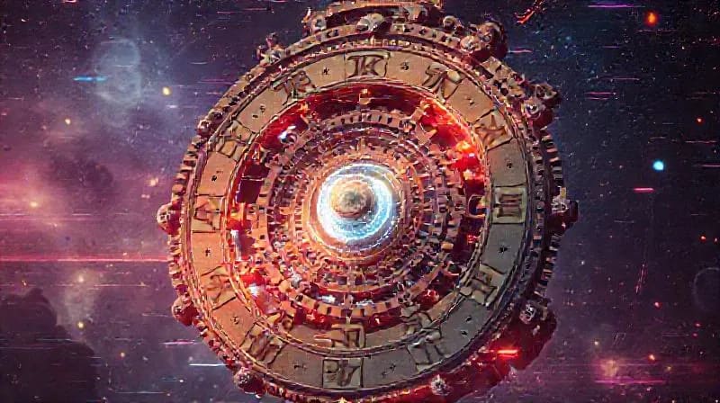 Engranajes cósmicos con símbolo de Saturno central