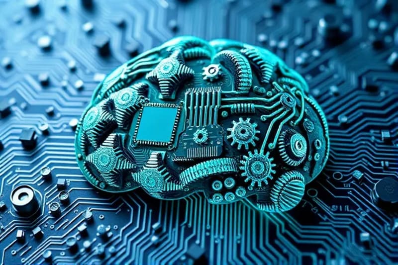 Ilustración vectorial de un cerebro humano estilizado interactuando con elementos de código y diagramas de flujo, representando la interpretación de algoritmos de IA.