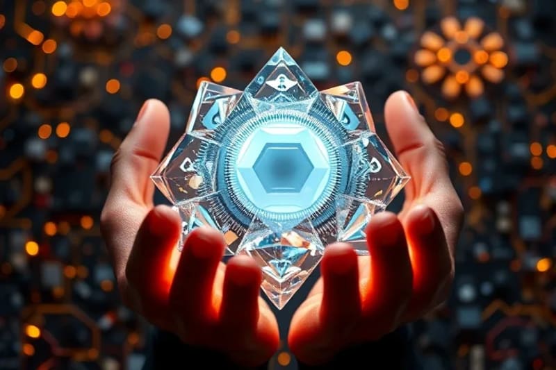 Renderizado 3D de un rompecabezas digital con piezas que se conectan para formar una estructura transparente, simbolizando la complejidad y la búsqueda de claridad en la IA.