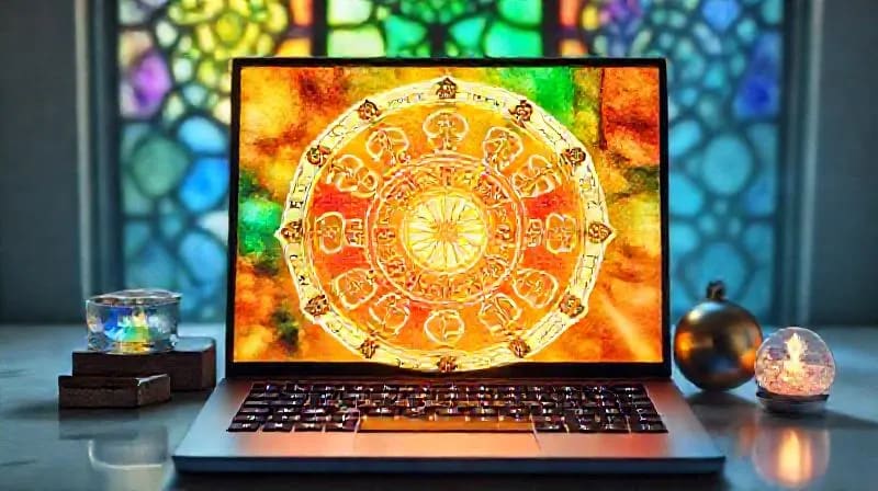 3D render of a Bagua map overlaid on a laptop keyboard, surrounded by symbolic elements.