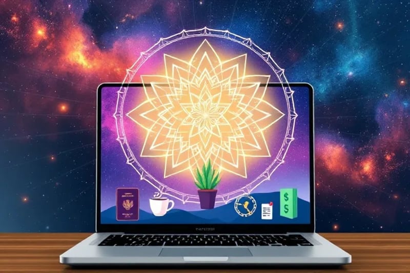Ilustración vectorial de un escritorio digital organizado con iconos de viaje, trabajo y bienestar, simbolizando la eficiencia y la prosperidad virtual del nómada.