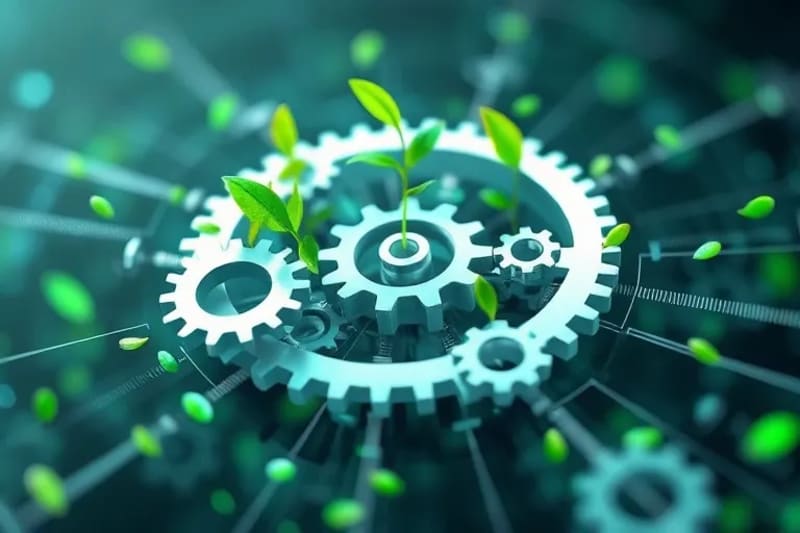 Vector art illustrating interconnected gears and green leaves, symbolizing growth and efficiency in sustainable business models.