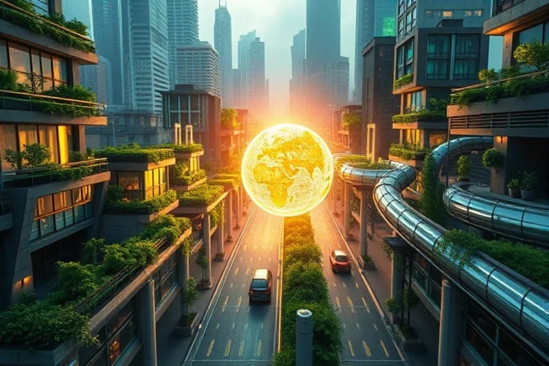 3D render of a futuristic city with green infrastructure, transparent material transport tubes, and a central glowing energy source, symbolizing a regenerative urban environment.