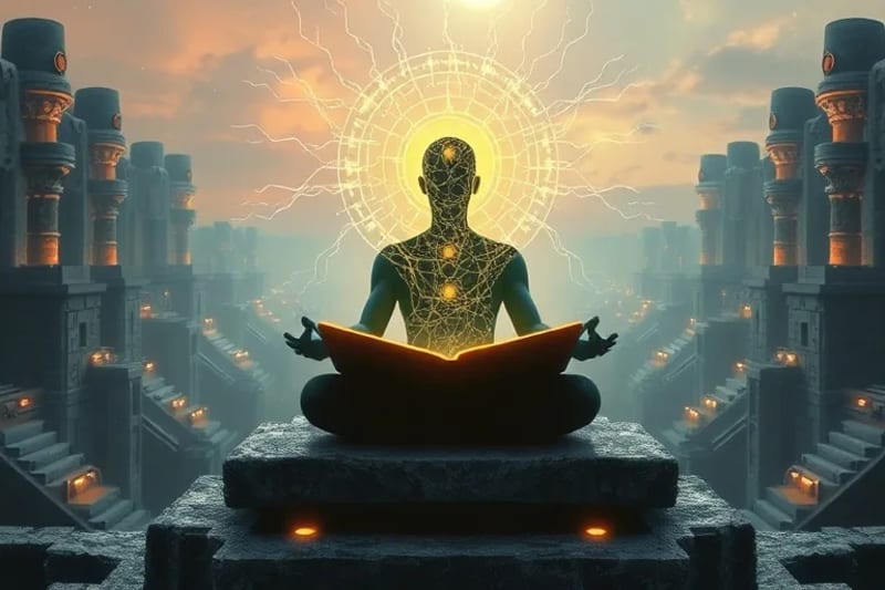 Silueta meditando con red neuronal y símbolos espirituales en un paisaje futurista