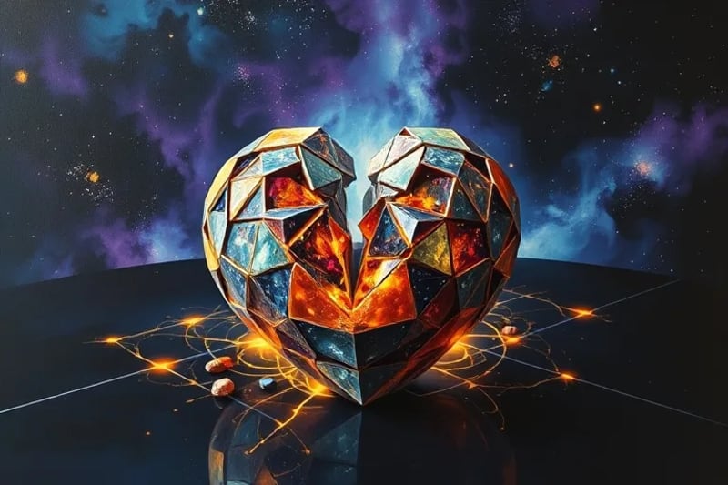 Fragmented mosaic heart with golden threads of light weaving through cracks, symbolizing healing from cosmic wounds.