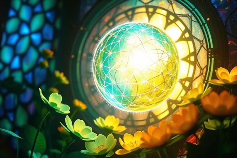 Abstract glowing cocoon amidst bioluminescent flowers, with energy patterns rippling, symbolizing transformation and evolutionary growth.