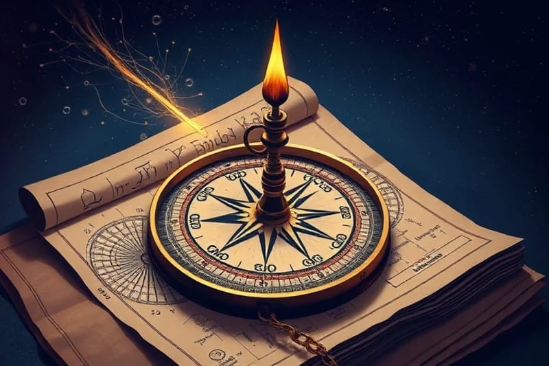 Brújula antigua girando sobre un mapa astral, rodeada de pergaminos con símbolos astrológicos.