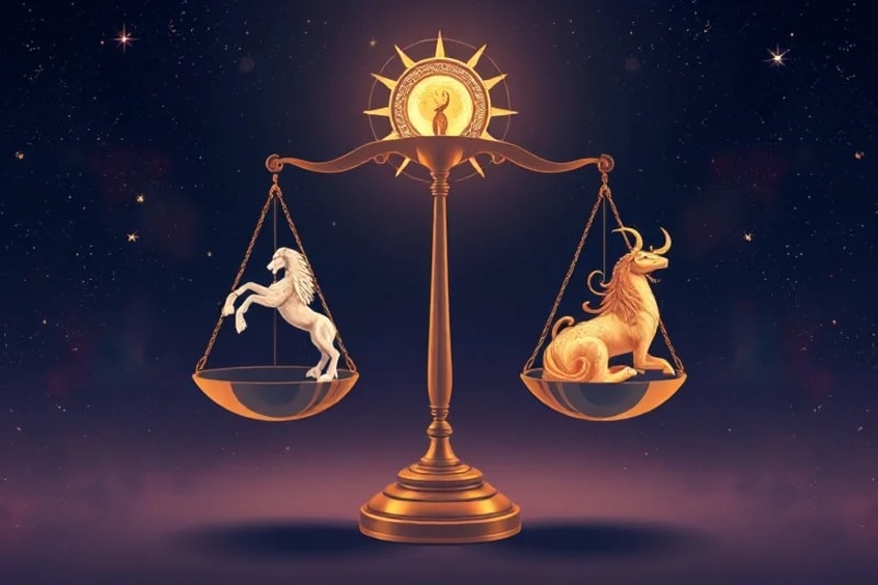 Balanza cósmica equilibrando formas cristalinas oscuras y energías luminosas ascendentes.