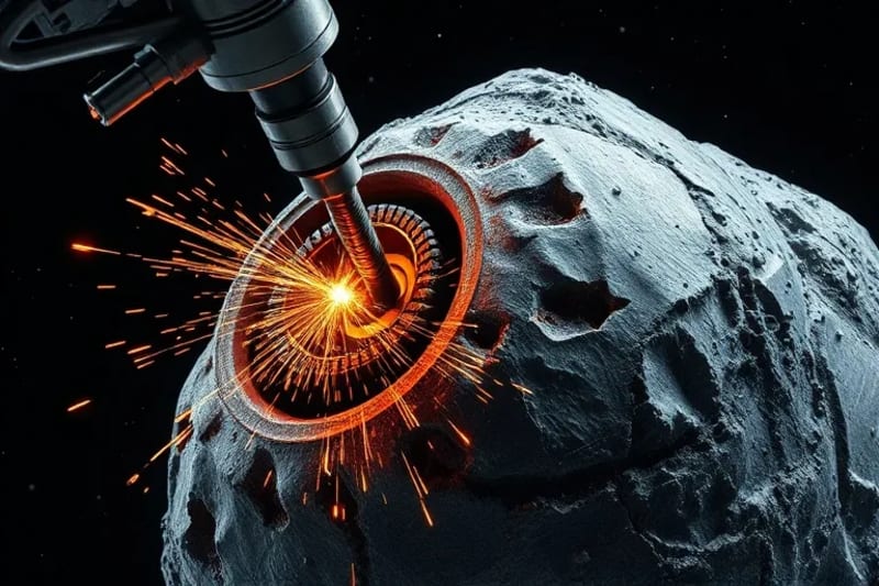Detalle de un taladro robótico de alta tecnología perforando la superficie de un asteroide metálico, con chispas.
