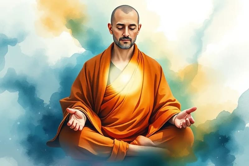 Pintura acuarela de persona meditando en paz