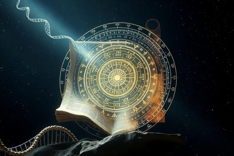 Ancient scroll with astrological symbols next to a glowing DNA helix, representing ancestral knowledge.