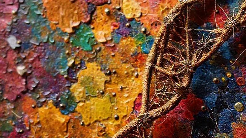 Close-up of an antique tapestry with DNA-like fibers and astrological charms, symbolizing intertwined inheritance.