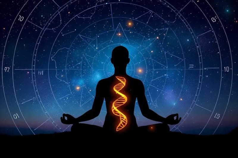 Silueta humana meditando bajo un cielo estrellado, con líneas de energía cósmica conectándose a una hebra de ADN emergiendo de su pecho.