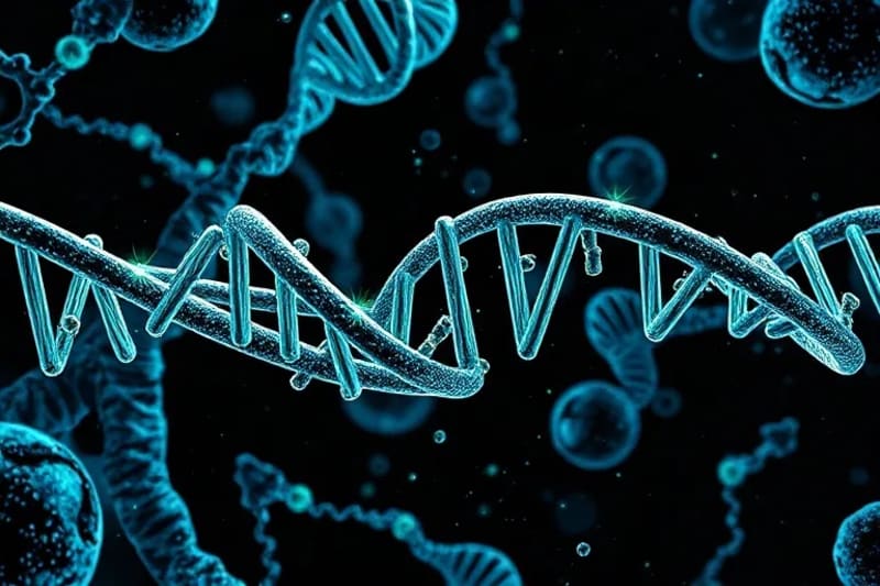 Mecanismos microscópicos de reparación celular con nanopartículas y ADN.