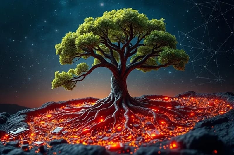 Un árbol antiguo y sabio con raíces luminosas bajo un cielo estrellado, simbolizando la longevidad.