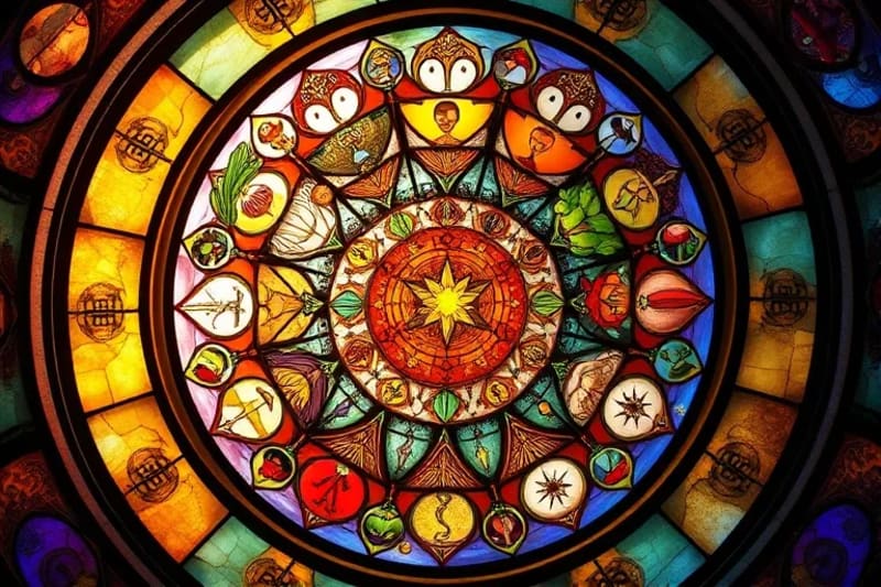 Disposición vibrante de ingredientes coloridos en espiral, cada sección refleja el color y la energía de un chakra, con símbolos astrológicos integrados.