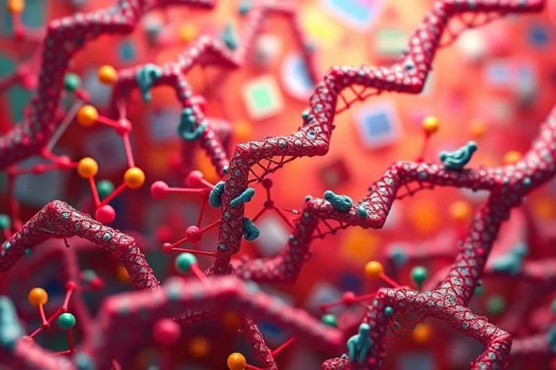 Representación abstracta de código genético entrelazándose con estructuras sociales, simbolizando el equilibrio entre el progreso y los límites éticos en la bioingeniería.