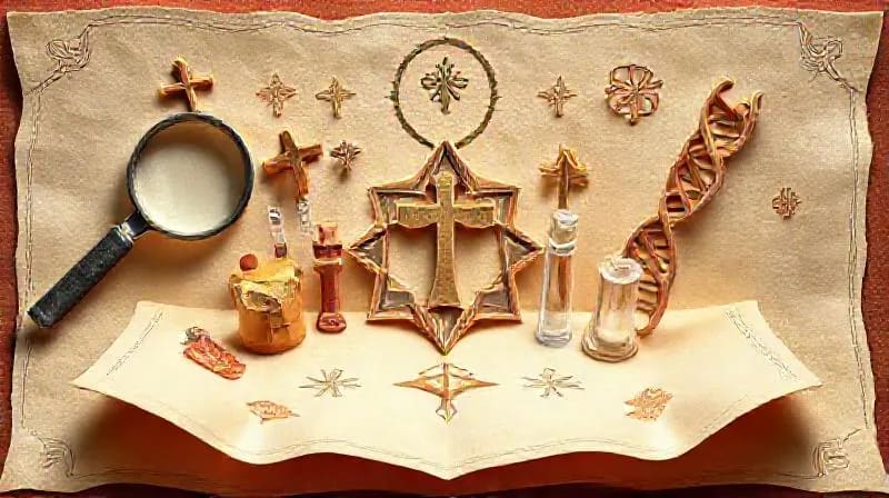 Ilustración vectorial estilizada de herramientas forenses como lupas y ADN entrelazadas con símbolos religiosos antiguos como cruces y halos, sobre un fondo de pergamino.