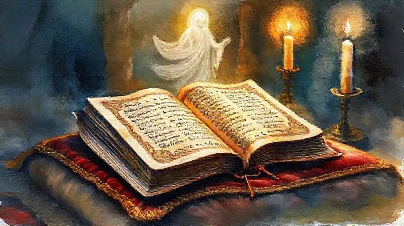 Pintura al óleo de un antiguo manuscrito iluminado abierto sobre un cojín de terciopelo, rodeado de luz de velas, con una figura espiritual translúcida en el fondo, evocando misterio y reverencia.