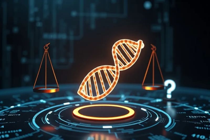 Representación en 3D de una doble hélice de ADN luminosa emergiendo de una interfaz digital, rodeada por balanzas de justicia y un signo de interrogación, simbolizando los dilemas éticos.