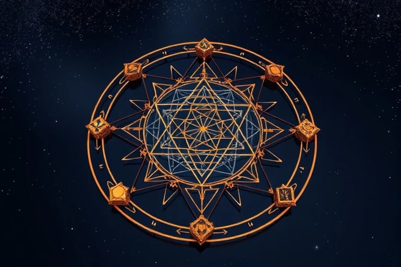 3D render of Platonic solids and symbolic Tarot suit objects arranged on a reflective surface