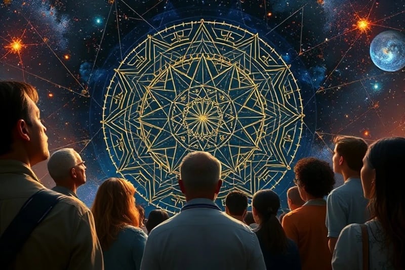 Diverse group of people observing a celestial map with AI overlays