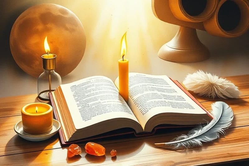 Una mesa de altar con un diario abierto, una vela encendida, cristales de citrino y sunstone, y una pluma, todo en un ambiente cálido y meditativo.