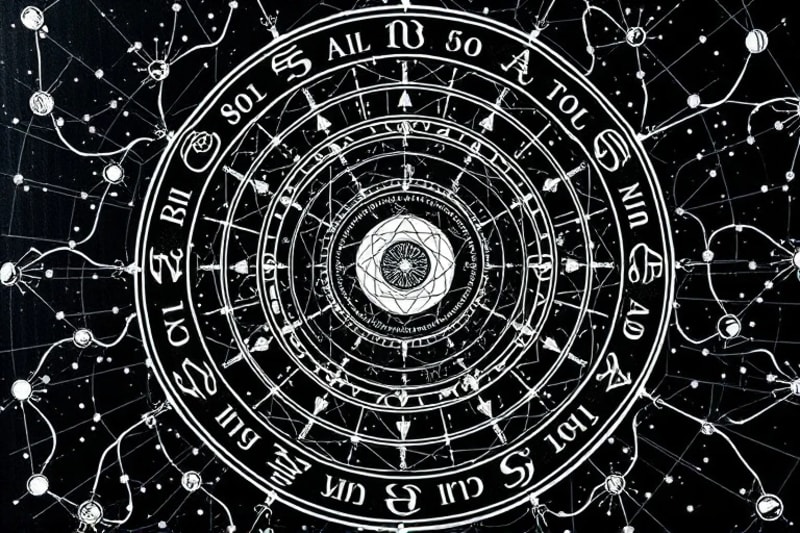 Abstract neural network intertwining with planetary orbits and zodiac symbols