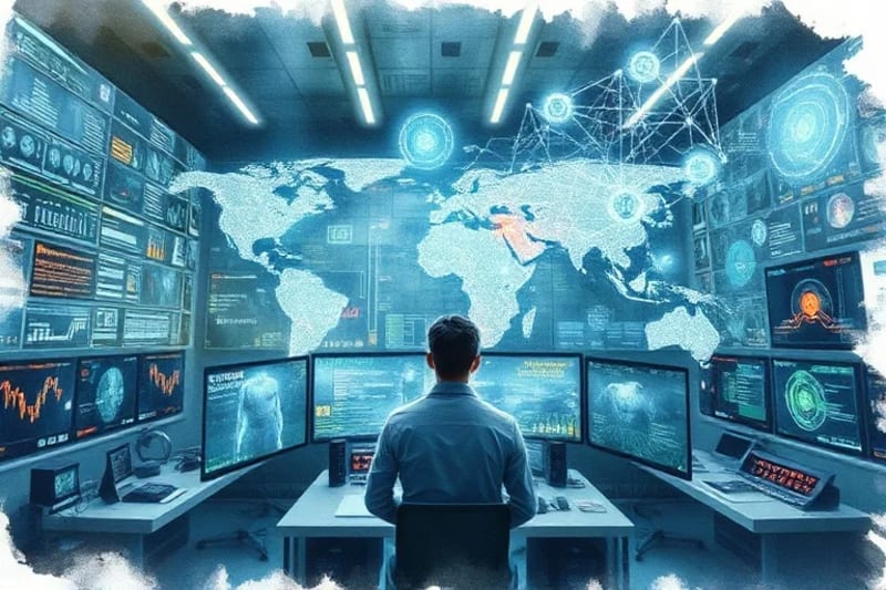 A researcher in a futuristic control room analyzing screens displaying cryptic data and blurred images of digital entities, symbolizing the exploration of online anomalies