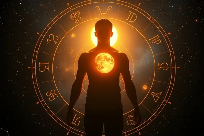 Una silueta humana estilizada emanando luz dorada y naranja, rodeada de un halo de energía creativa, simbolizando el brillo personal y el potencial ilimitado.