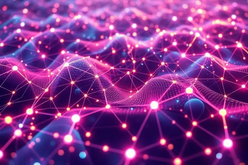 Abstract vector art showing interconnected geometric shapes and lines representing the internet, with subtle outlines of mythical creatures woven into the patterns