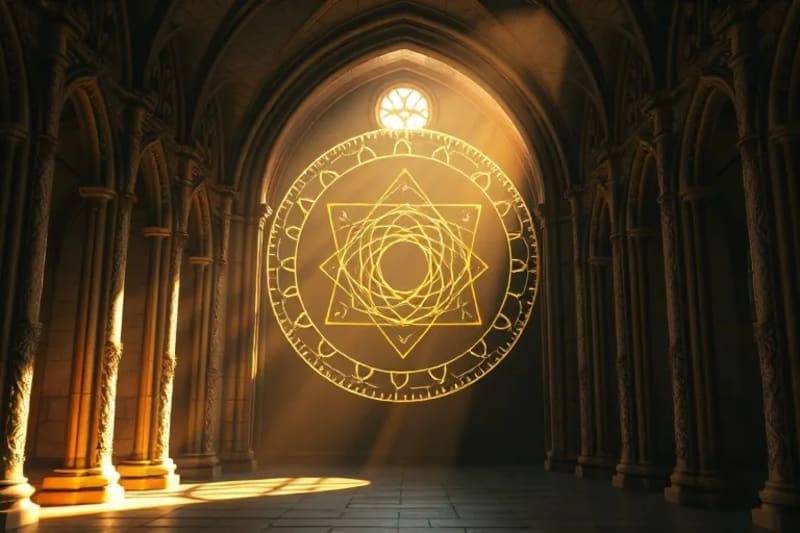 Diagrama vectorial de la Vesica Piscis y círculos superpuestos dentro de un arco gótico estilizado