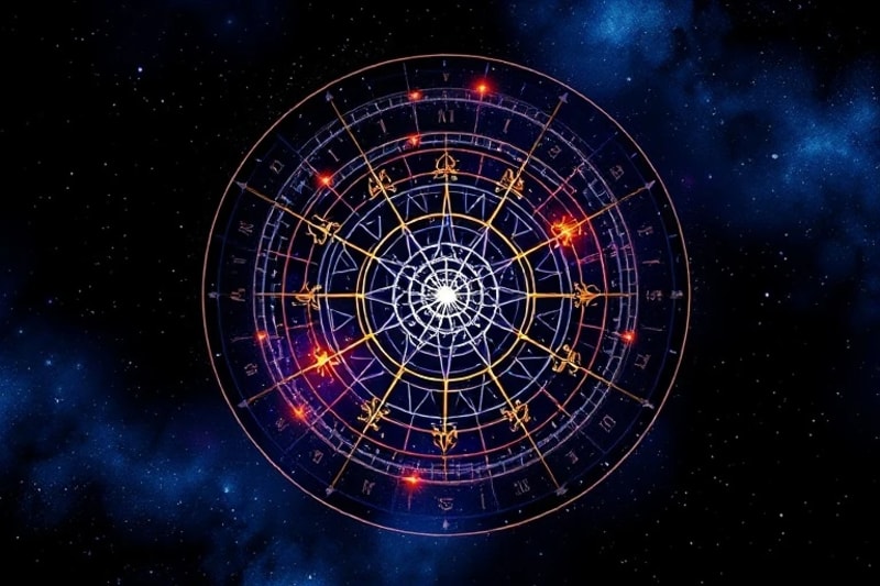 Abstract digital painting of an astrological chart with glowing energy pathways at nodal intersections.
