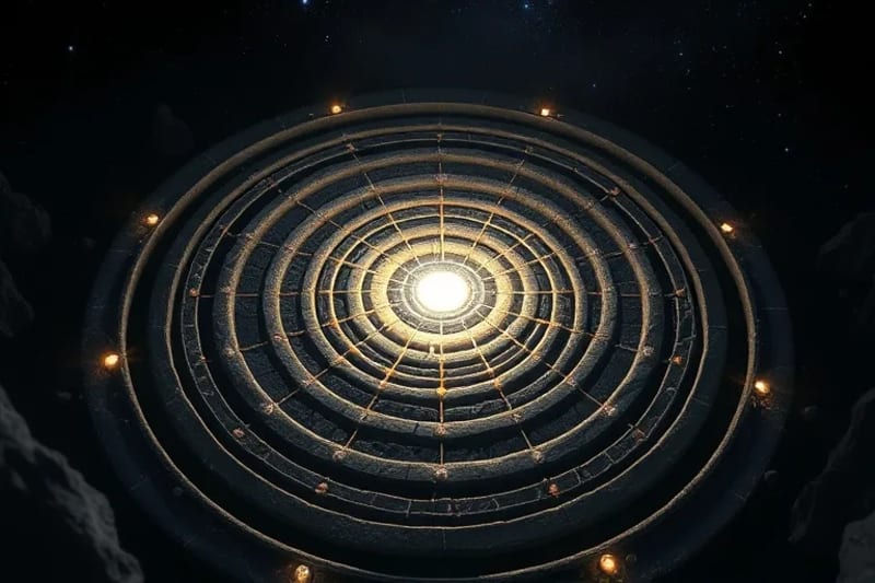 Serene ancient stone labyrinth from above, with faint light at its center and glowing crystals along paths.