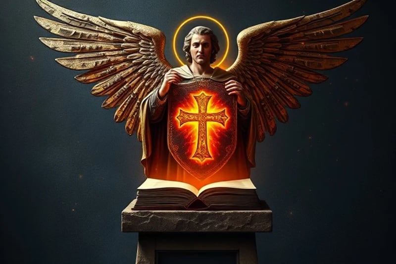 Escudo con cruz, desviando símbolos digitales de ataque, rodeado por un aura protectora.