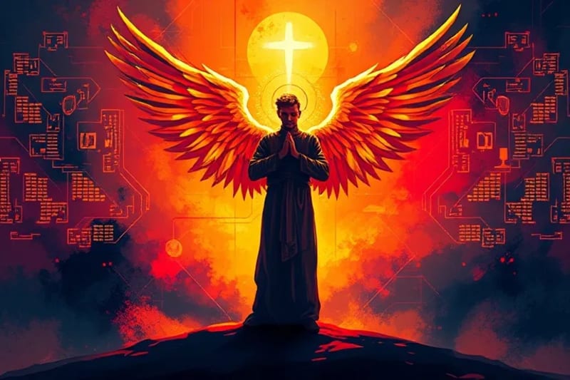 Figura meditando frente a una pantalla, protegida por una silueta angelical, simbolizando paz y discernimiento digital.