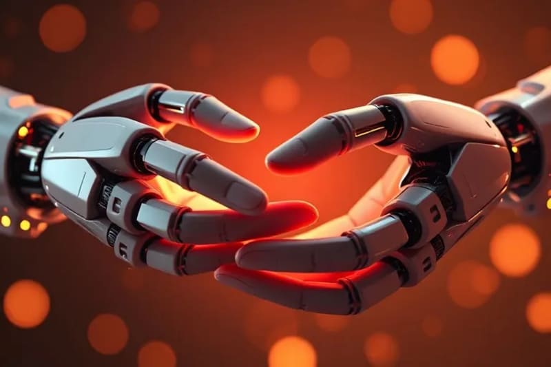 Manos robóticas y humanas entrelazadas, simbolizando la interacción y la posible conexión emocional entre la humanidad y las inteligencias artificiales futuras.